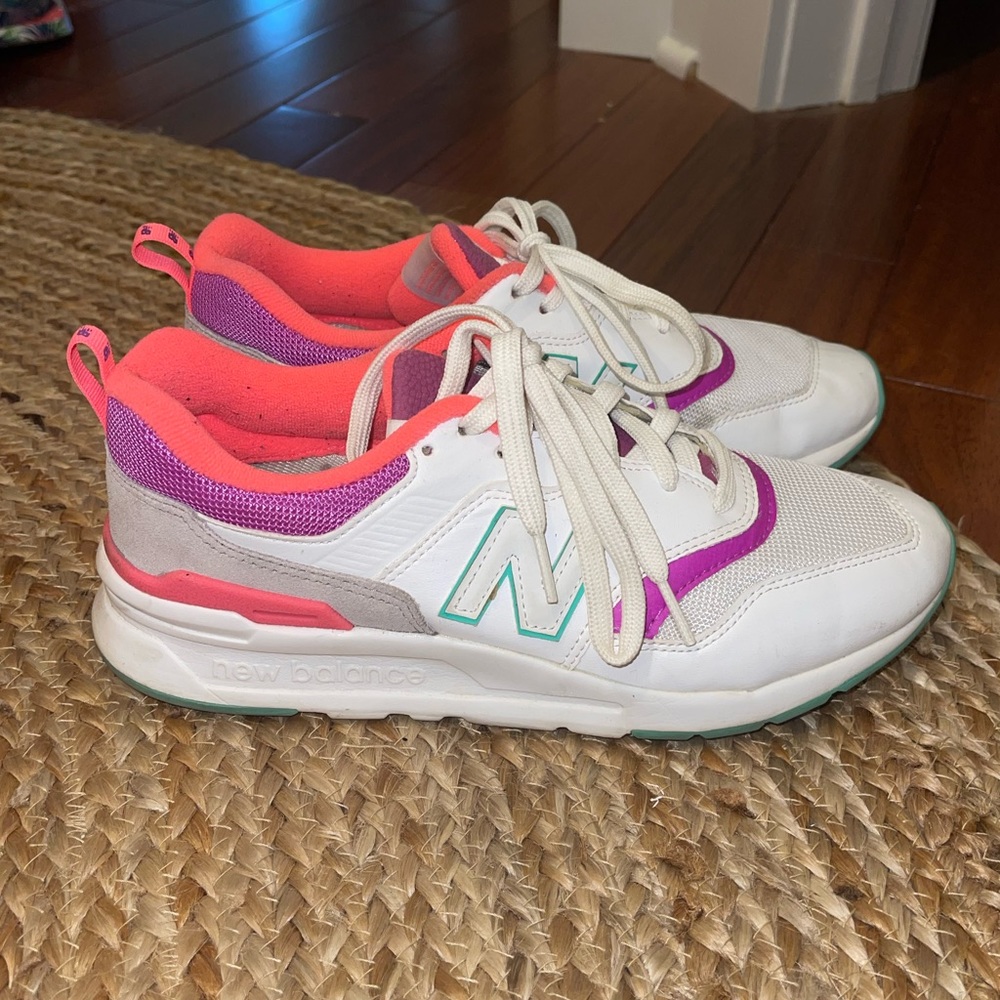 White and neon New Balance sneakers